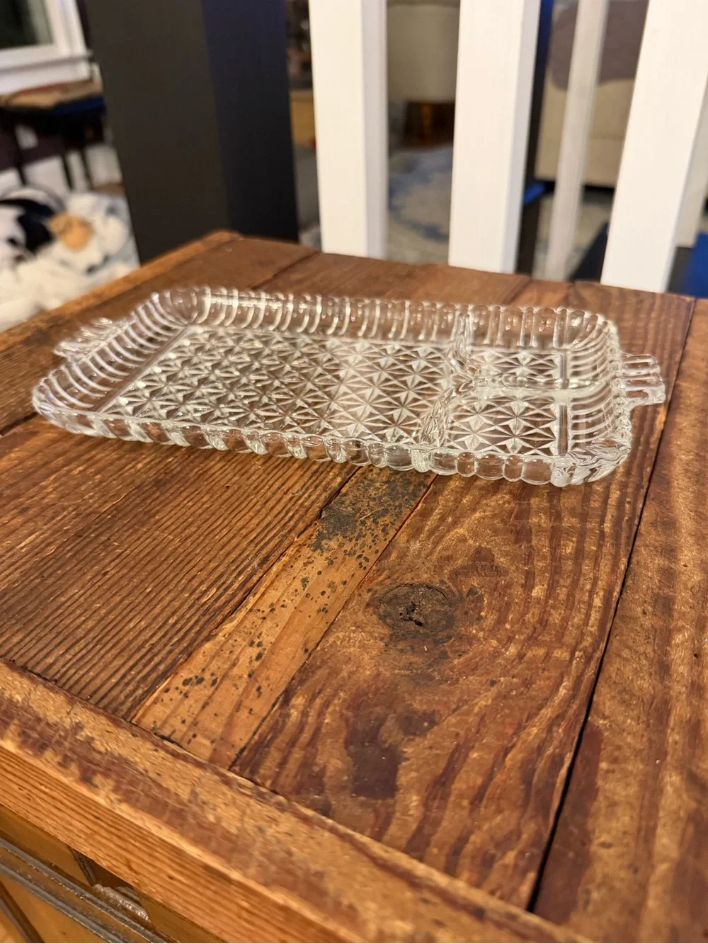 Set of (4) vintage 1950s clear pressed glass divided snack or relish trays.